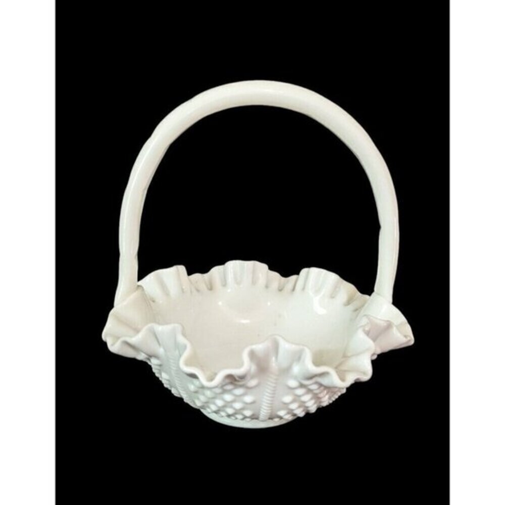 Vintage‎ Fenton Hobnail White Milk Glass Ribbed Basket Crimped Ruffled Top Edges